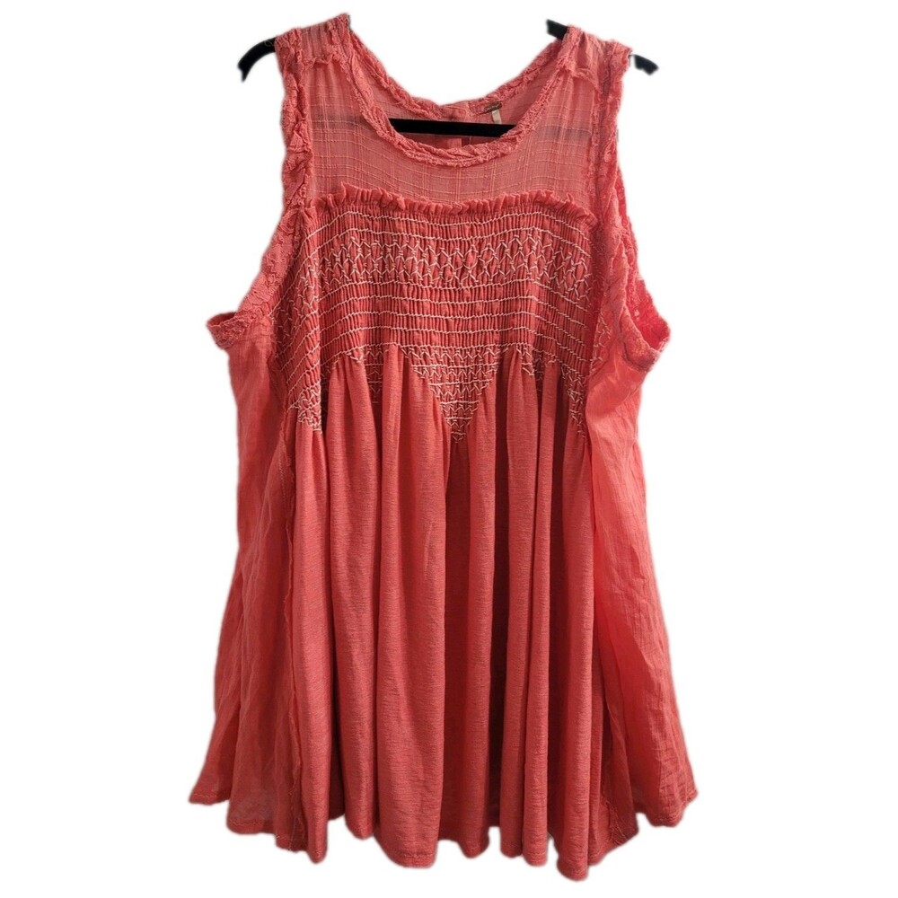 NWT Free People Sea Breeze Tunic Electropop Coral Pink Smocked Babydoll Top S